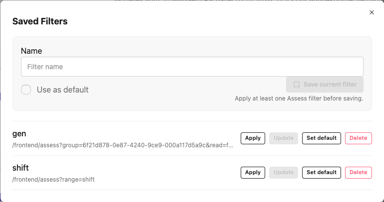 Saved filters dialog
