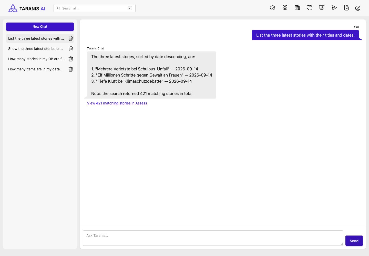 Chat listing recent Story titles and dates, with a link to the matching collection in Assess
