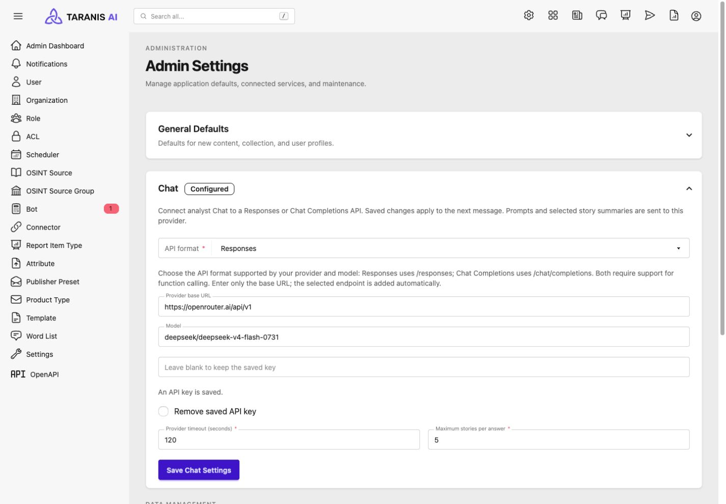 Expanded Chat settings with API format, provider URL, model, API key, timeout, and maximum Stories per answer