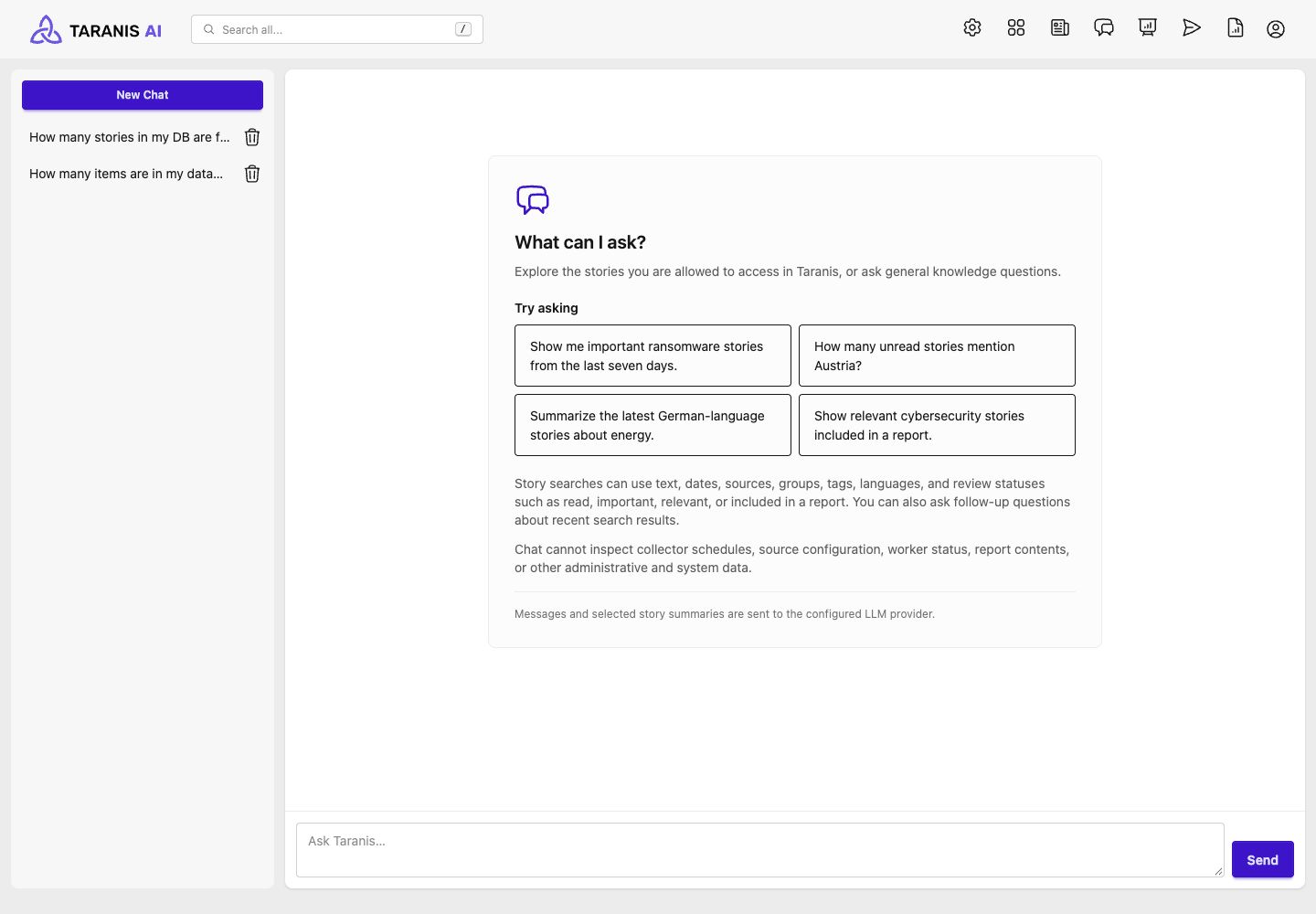 Chat workspace with starter prompts, saved conversation history, and a message box
